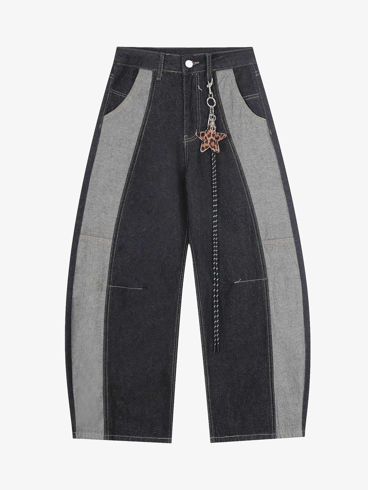 Denim Patchwork Wide Leg Pants with Leopard Star Charm and Side Pockets 