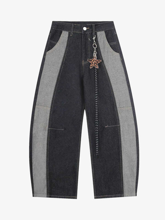 Denim Patchwork Wide Leg Pants with Leopard Star Charm and Side Pockets 