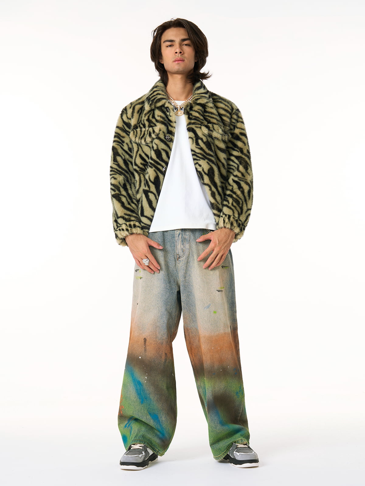 Tie-Dye Gradient Wide-Leg Jeans with Faux Fur Jacket Set - Perfect for Trendy Outfits 