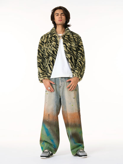 Tie-Dye Gradient Wide-Leg Jeans with Faux Fur Jacket Set - Perfect for Trendy Outfits 