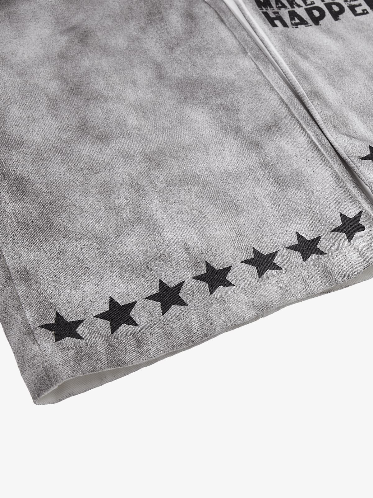 Cotton Wide Leg Pants with Graphic Print and Star Trim - Oversized Streetwear Trousers for Men?