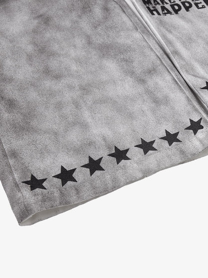 Cotton Wide Leg Pants with Graphic Print and Star Trim - Oversized Streetwear Trousers for Men?