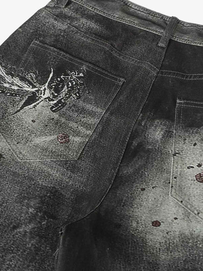 Black Printed Denim Wide-Leg Pants with Gothic Art Design for Men and Women 