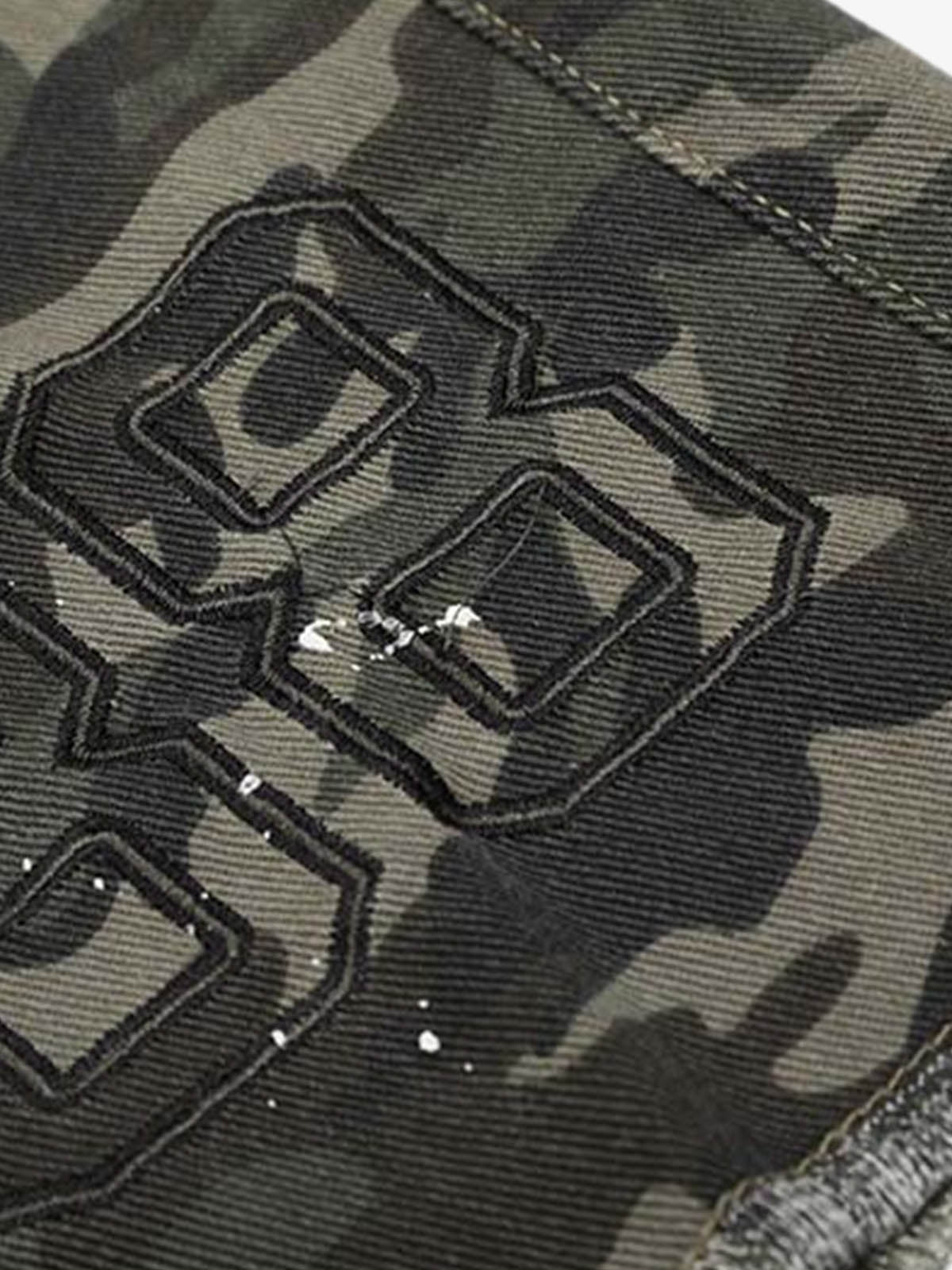 Denim Camouflage Cargo Shorts with Ripped Details and Patch Pockets?