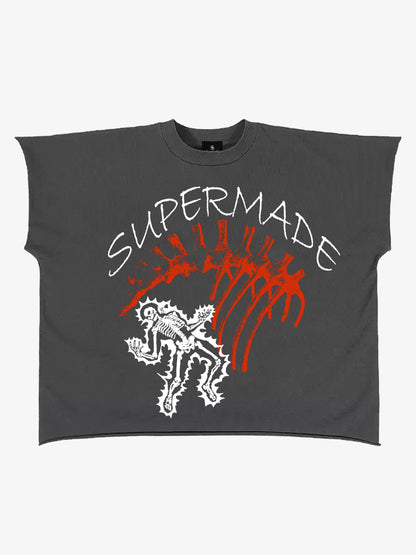 Oversized Crop Top with Bold Graphic Print and Edgy Skeleton Design 