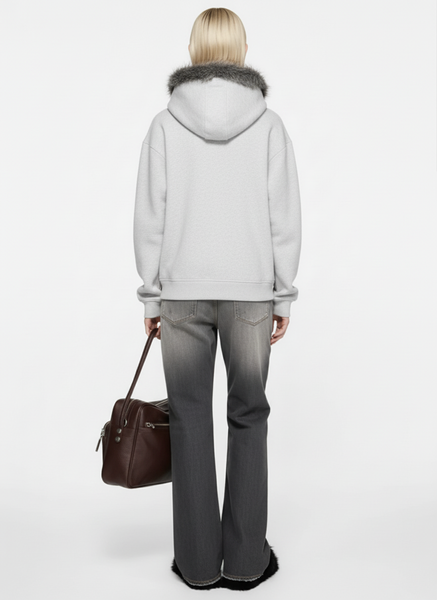 Letter Medal Embroidered Cardigan Fur Collar Hooded Sweatshirt - 2502