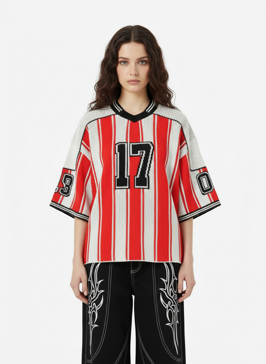 Thesupermade Vintage Striped Baseball Short-sleeved Knit Sweater - 2249