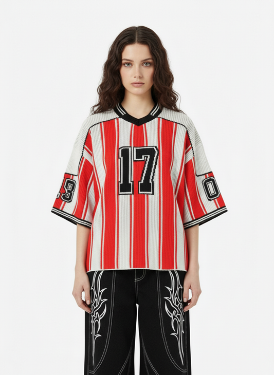 Thesupermade Vintage Striped Baseball Short-sleeved Knit Sweater - 2249