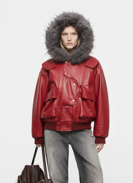 Deconstructed Multi Pocket Fur Hooded PU Leather Jacket