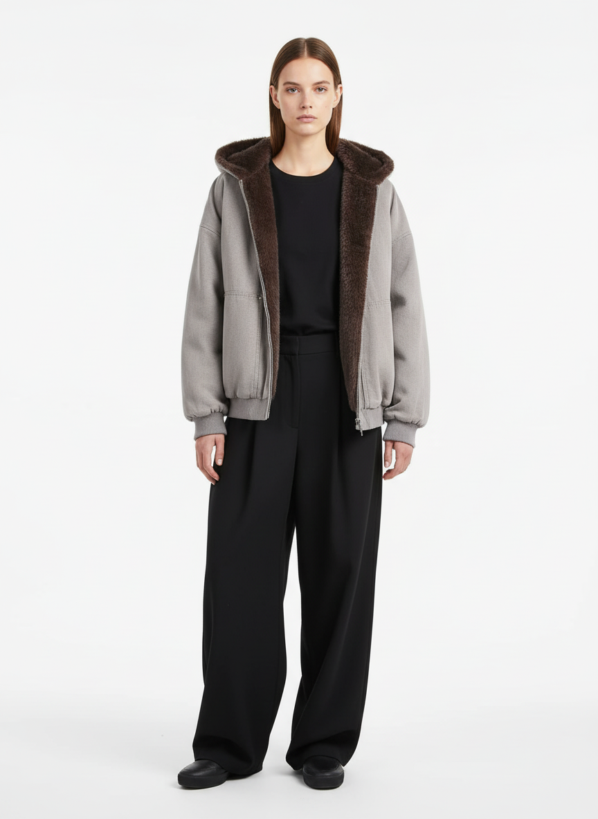 Thesupermade Fur Hooded Zip Up Quilted Jacket - 2510