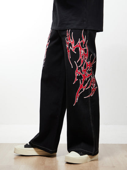 Contrast Flame Embroidered Baggy Jeans - 2364 