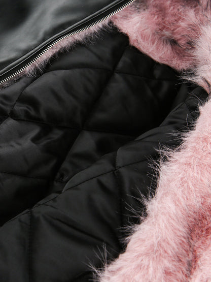 Leather Pink Fur Hooded Quilted Jacket 