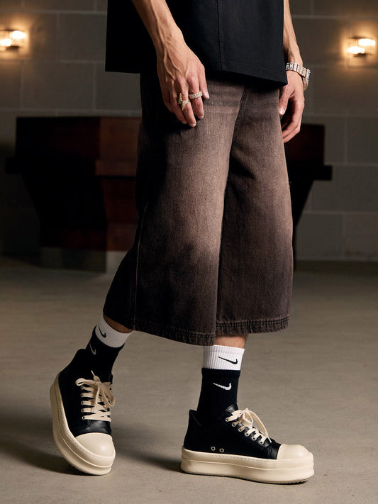 Distressed Washed Denim Cropped Jorts - 2399 