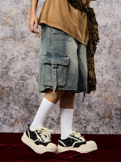 High-Waisted Multi-Pocket Denim Cargo Shorts 