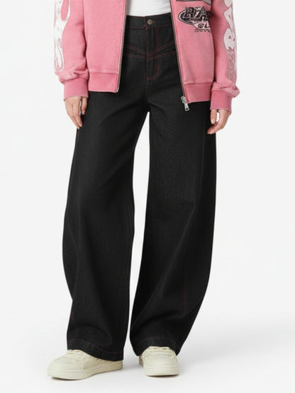 Street Culottes Red Stitching Barrel Jeans