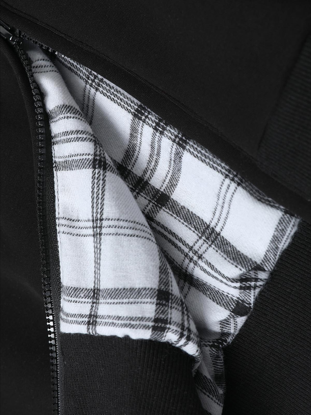Retro Plaid Lining Zip Up Hooded Sweatshirt 