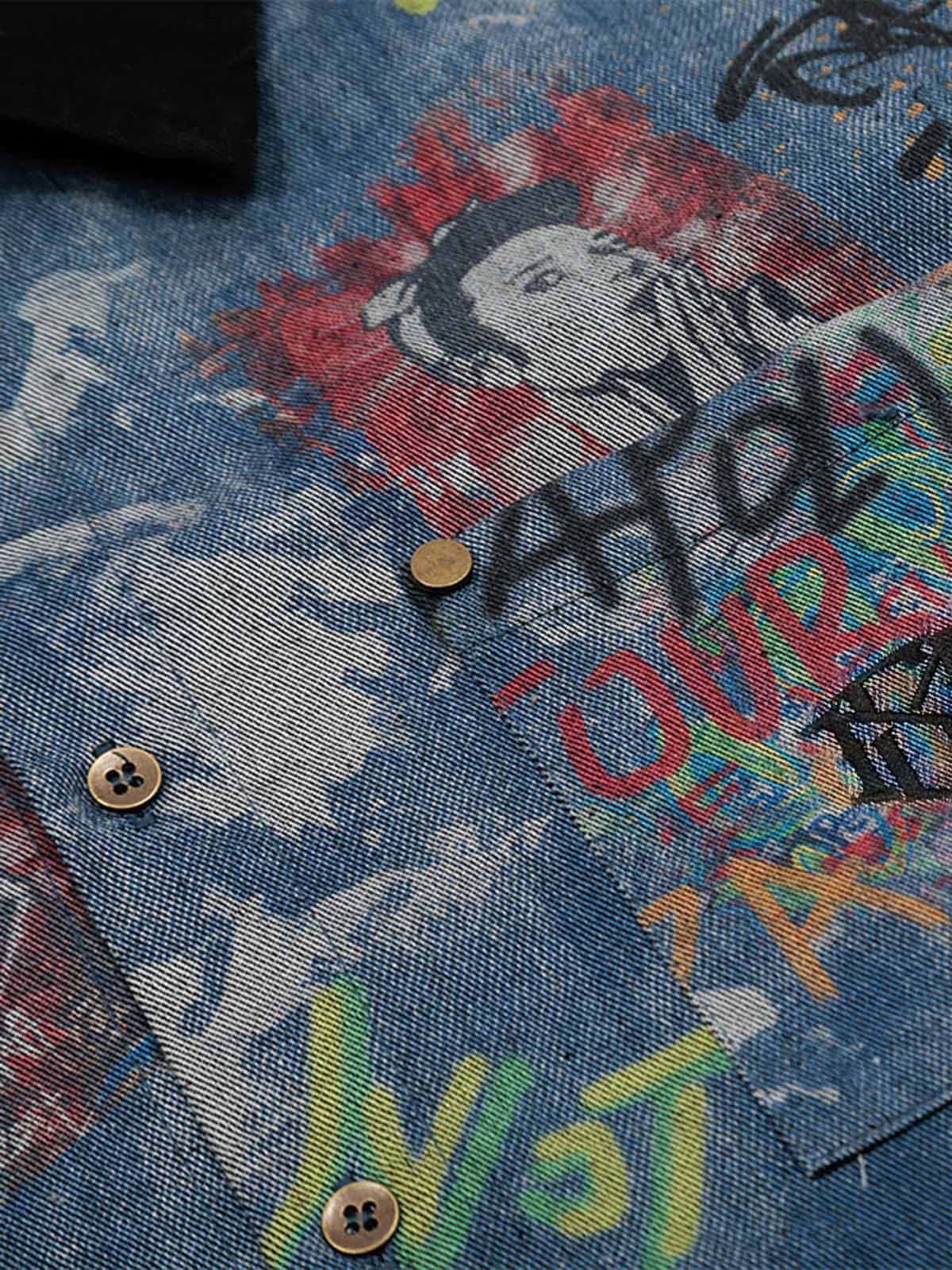 Tie-Dye Denim Graffiti Polo T-Shirt 