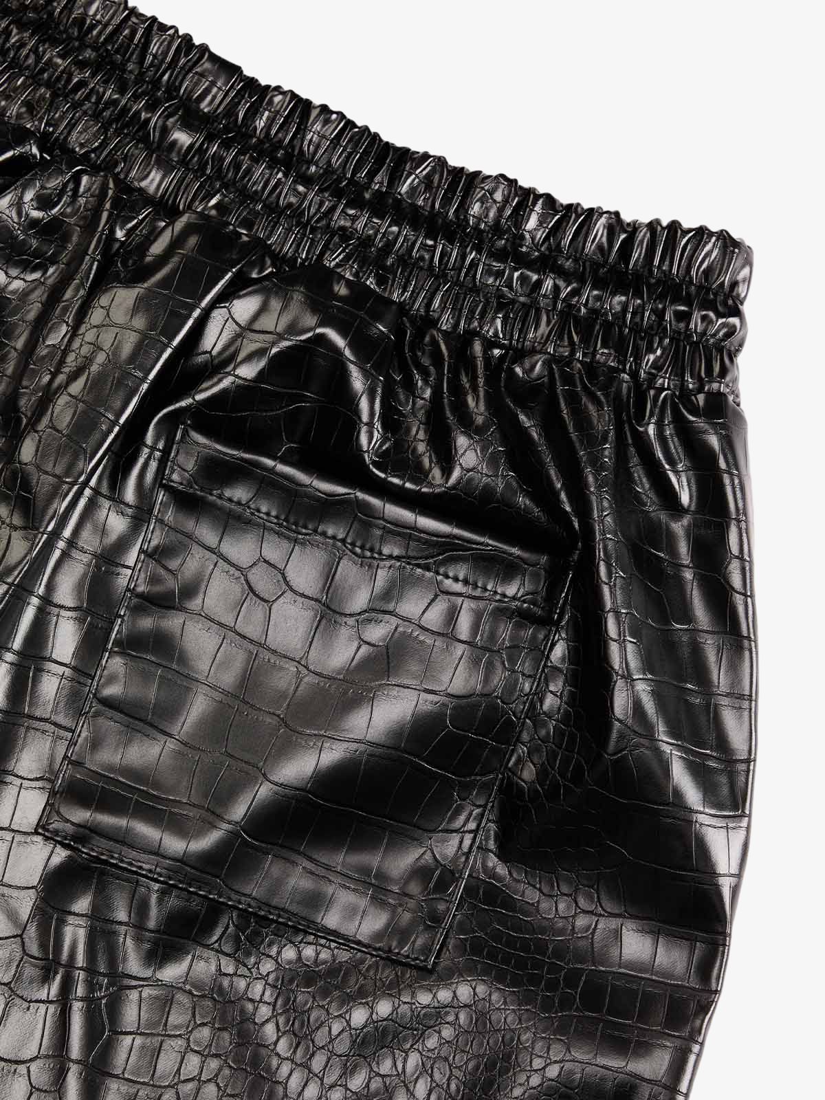 Letter Embroidered Leather Shorts 