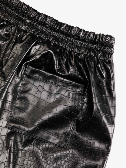 Letter Embroidered Leather Shorts 