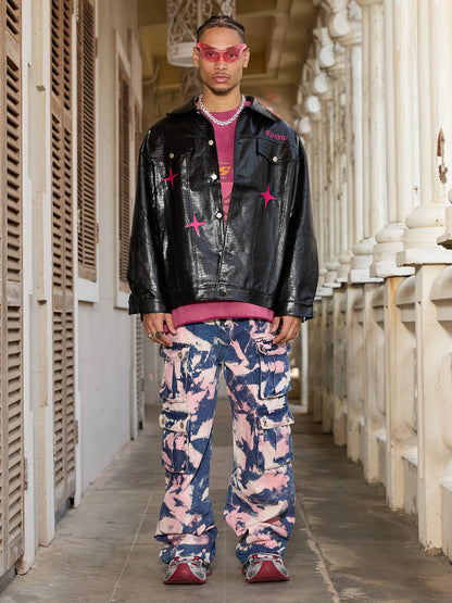 Thesupermade Star Embroidered PU Leather Jacket - 2358 