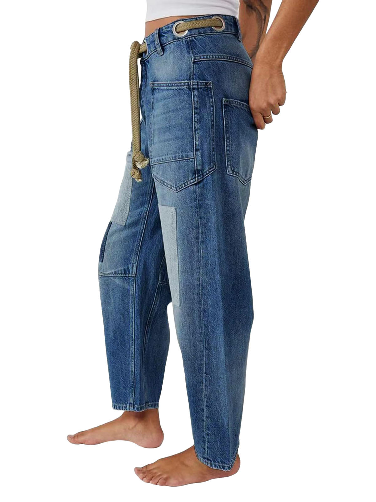 Thesupermade Drawstring Denim Patch Washed Jeans 