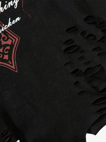 Distressed Ripped Graphic Cross Print Vest 