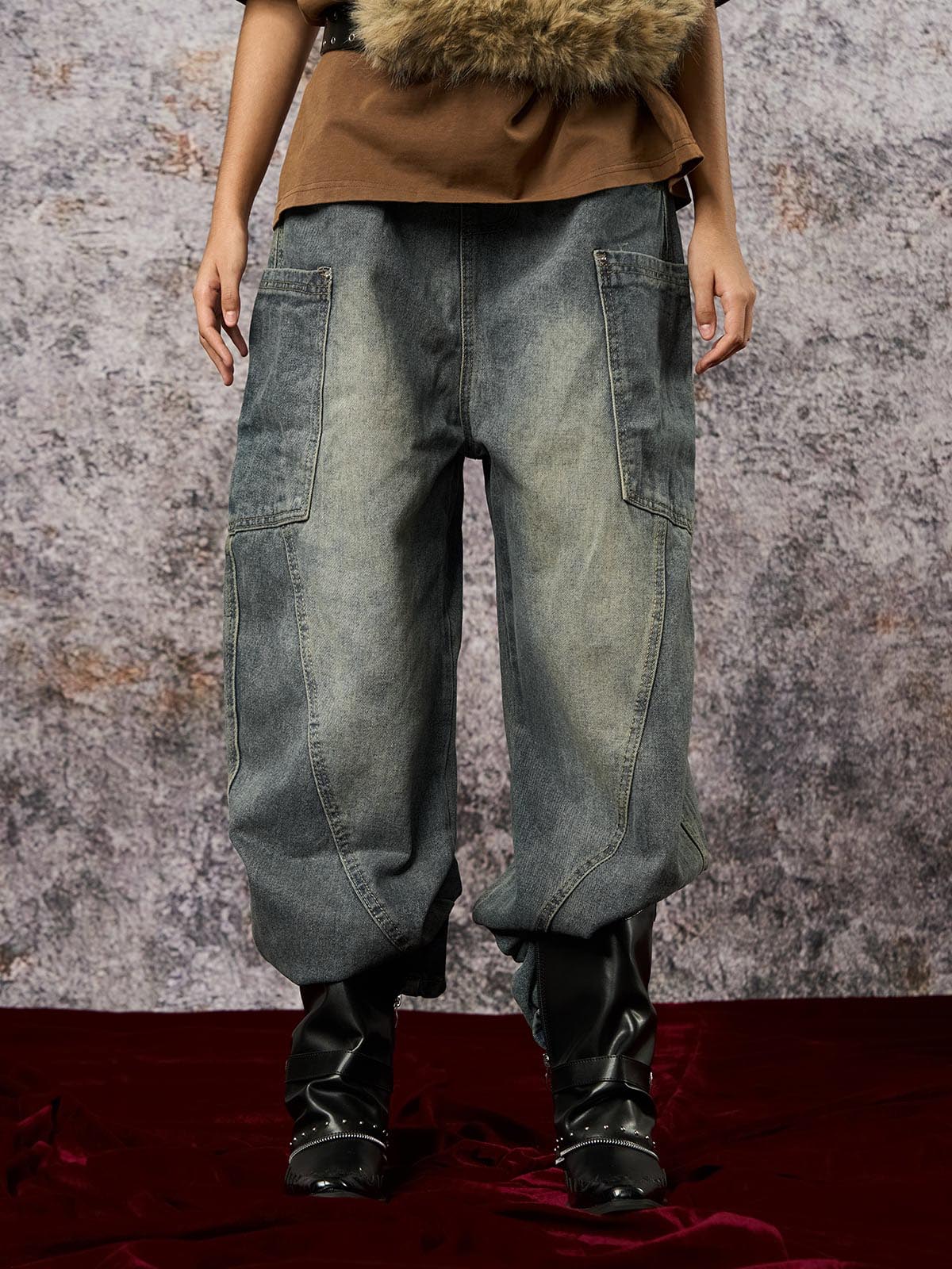 Washed Distressed Split Drawstring Barrel Jeans 