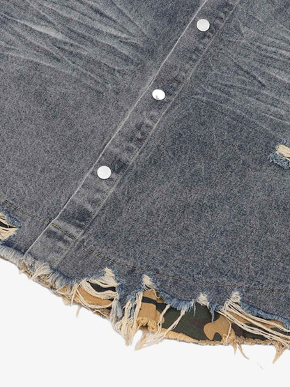 Thesupermade Patchwork Camouflage Ripped Shirt Jorts Denim Suit 