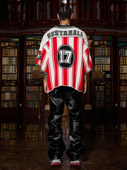 Thesupermade Vintage Striped Baseball Short-sleeved Knit Sweater - 2249 