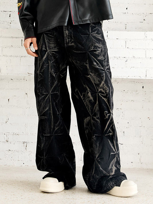 Heavy Washed Distressed Pleated Baggy Jeans - 2282 