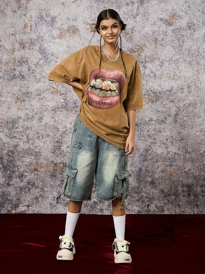 High-Waisted Multi-Pocket Denim Cargo Shorts 