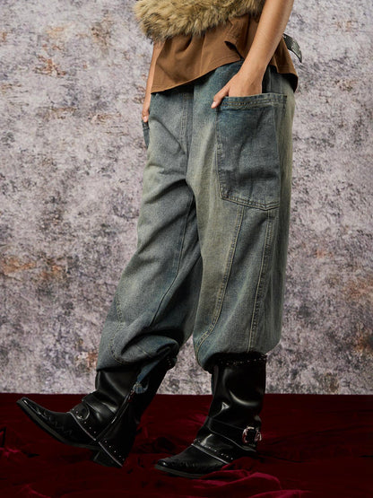 Washed Distressed Split Drawstring Barrel Jeans 
