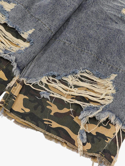 Thesupermade Patchwork Camouflage Ripped Shirt Jorts Denim Suit 