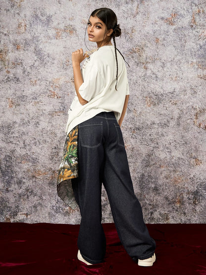 Deconstructed Contrast Stitching Pleated Baggy Barrel Jeans - 2343 