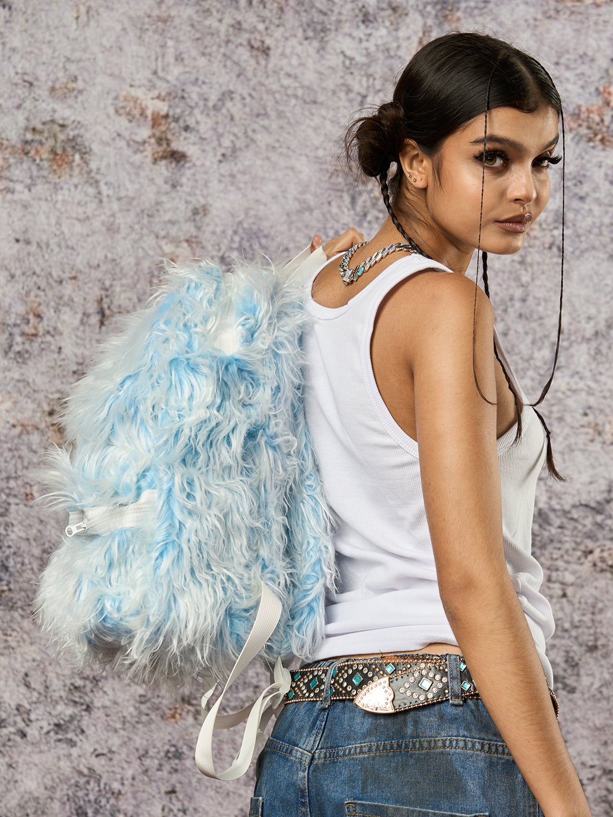 Snow Monster Contrast Ice Blue Furry Backpack