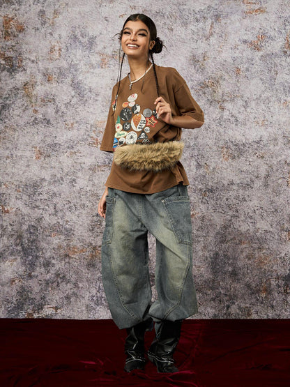 Washed Distressed Split Drawstring Barrel Jeans 