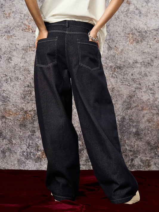 Deconstructed Contrast Stitching Pleated Baggy Barrel Jeans - 2343 