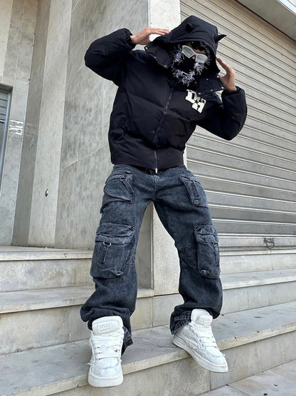 Retro Letter Print Down Jacket - 1393 