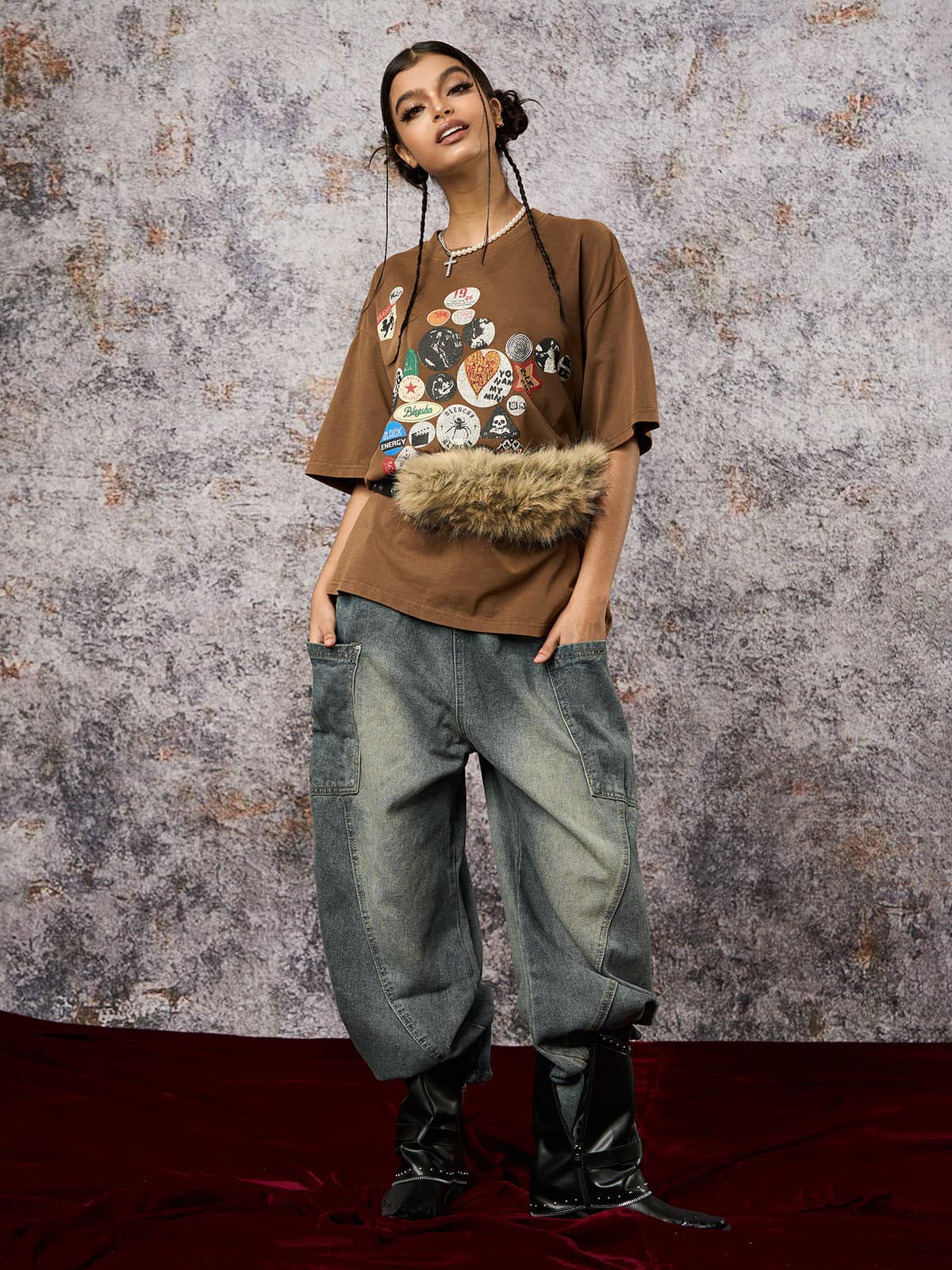 Washed Distressed Split Drawstring Barrel Jeans 