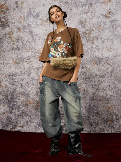 Washed Distressed Split Drawstring Barrel Jeans 