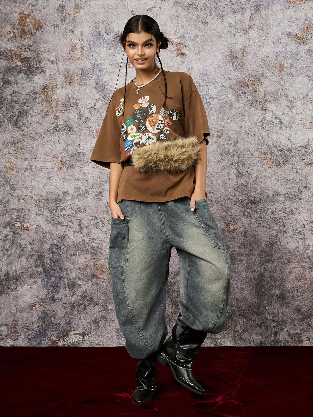 Washed Distressed Split Drawstring Barrel Jeans 