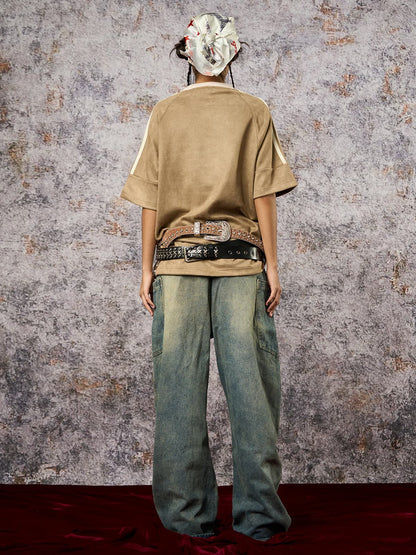 Suede Contrast Color Spliced Letter Embroidery Oversize T-shirt 