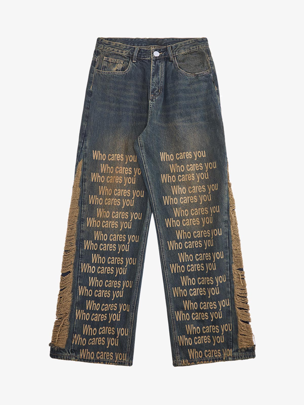 Washed Distressed 'Who Cares You' Print Straight Jeans - 2367 
