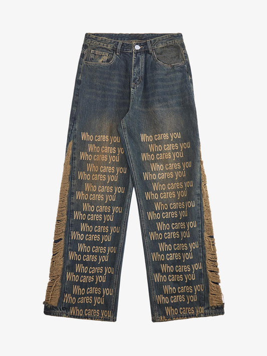 Washed Distressed 'Who Cares You' Print Straight Jeans - 2367 