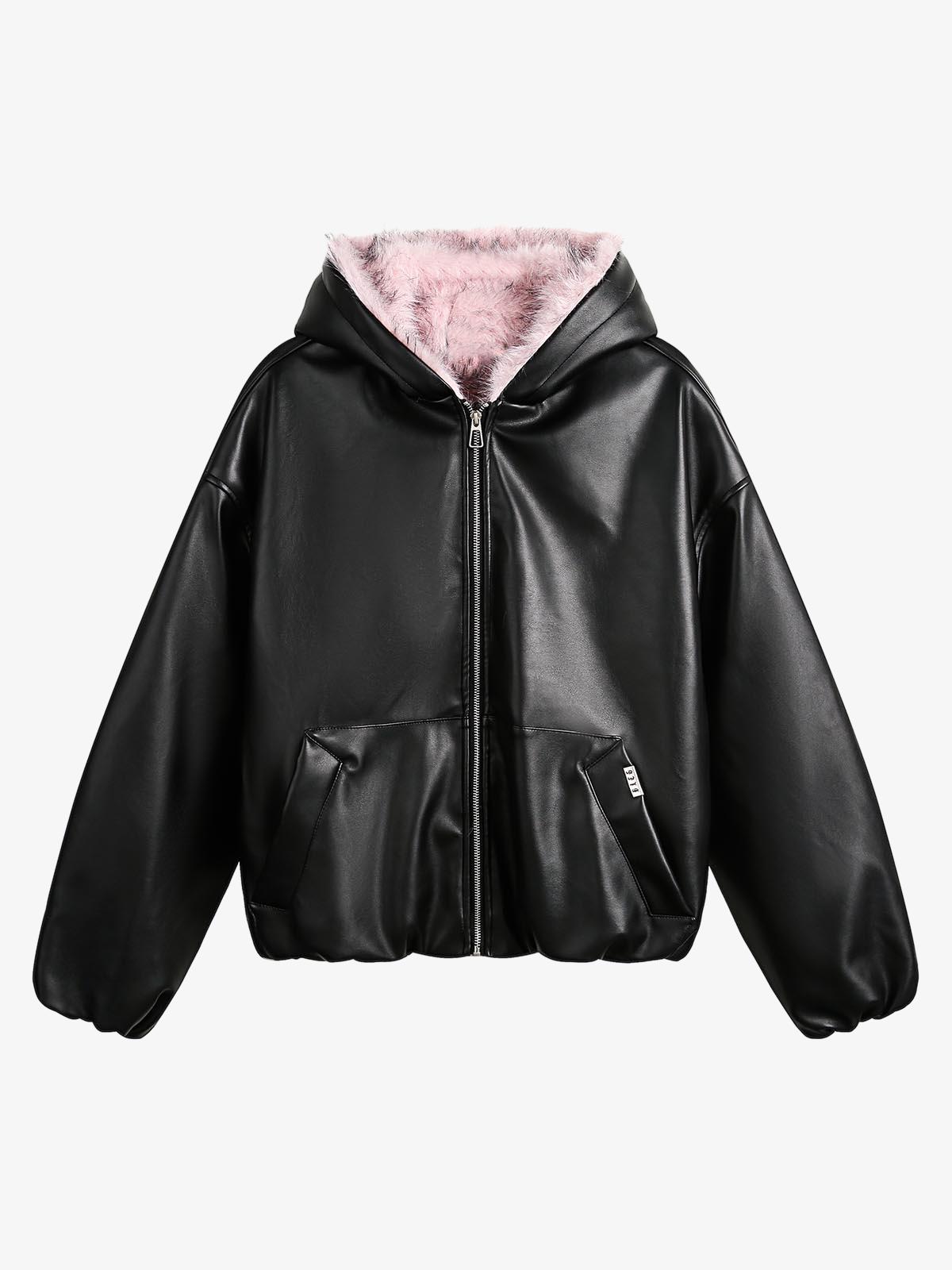 Leather Pink Fur Hooded Quilted Jacket 