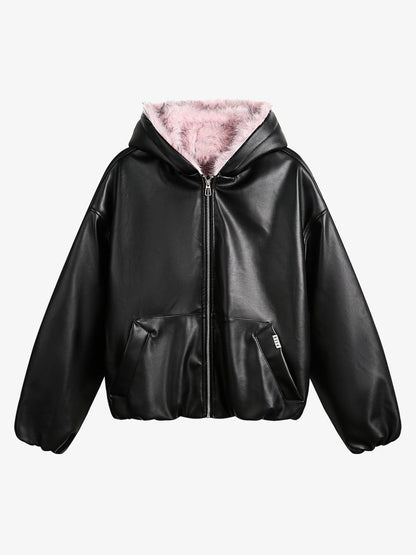 Leather Pink Fur Hooded Quilted Jacket 