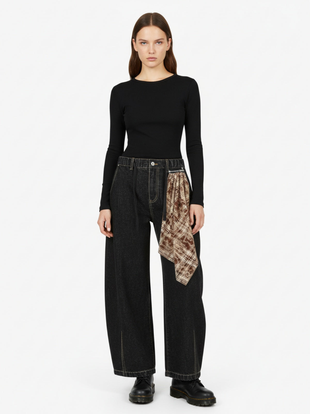 Patchwork Plaid Pleated Baggy Barrel Jeans - 2334