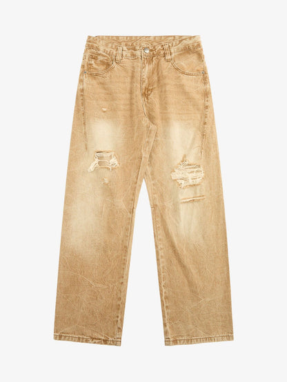 Vintage Washed Distressed Straight Jeans 