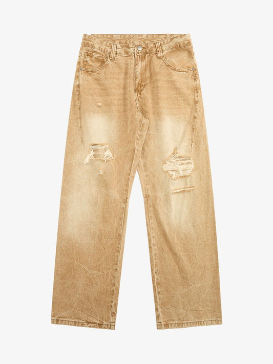 Vintage Washed Distressed Straight Jeans 