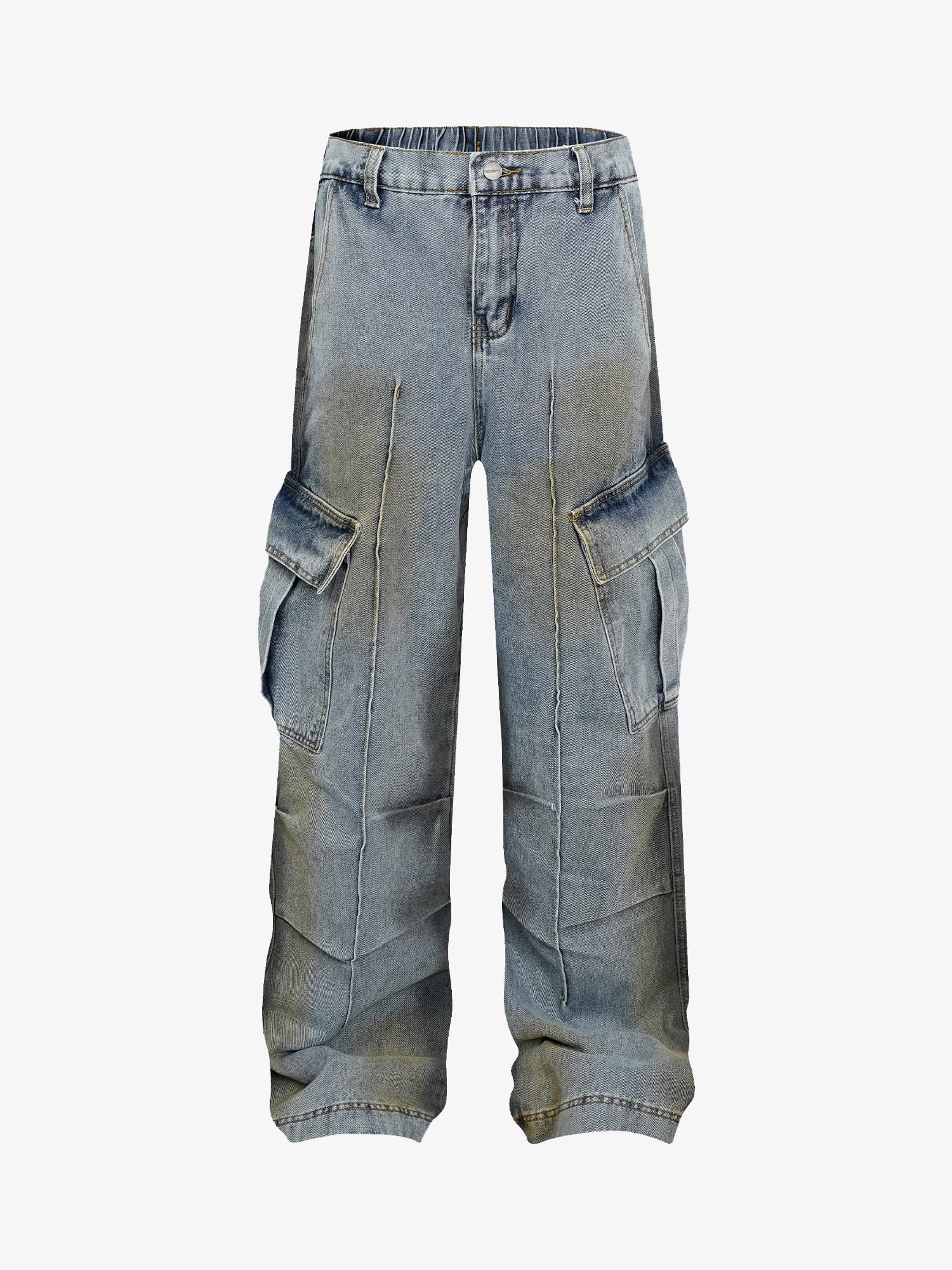 Washed Distressed Pleated Cargo Jeans 